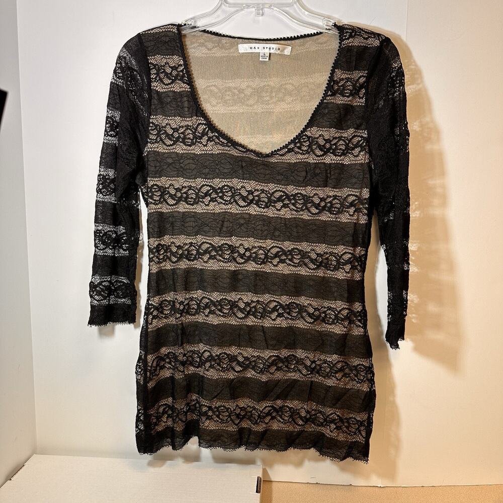 Max Studio Women’s Black Lace Nude Lined Long Sleeve Blouse - L Sexy Top Party